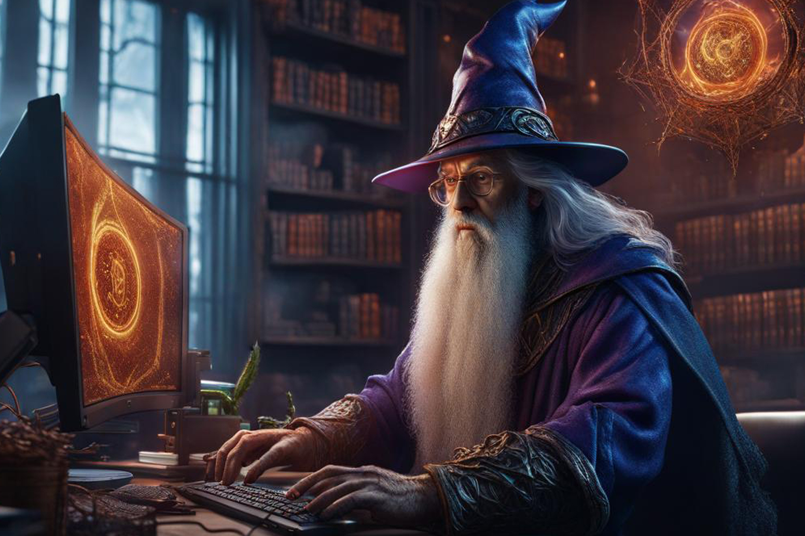 An AI-generated image of a wizard working at a desktop computer, creating magical vortexes in his study.