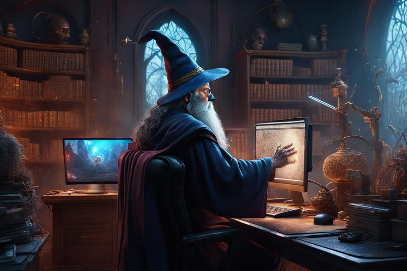 An AI-generated image of a wizard working at his desk with multiple desktop monitors.