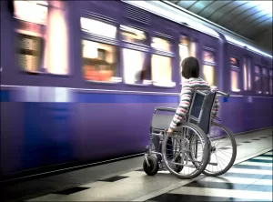 A woman in a wheelchair on a train station platform as a train speeds past with no obvious way for her to get on.