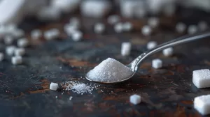 A teaspoon heaped with sugar, surrounded by sugar lumps.