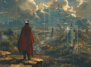 A royal figure, in red cloak and crown, surveys his realm from a high mountain, with the various buildings and structures overlaid with data and other forms of information.
