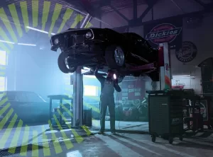A car garage with a car raised off the ground and a mechanic performing a service underneath.